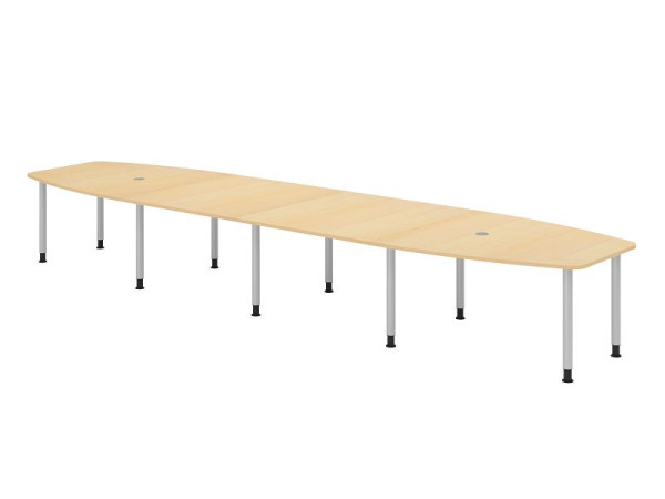 Table de conférence Hammerbacher KT52C, 520 x 130 cm, plateau : érable, épaisseur 25 mm, cadre de dix pieds argenté, tube rond 6 cm, hauteur de travail 72-74 cm, VKT52C/3/S