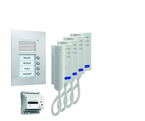 Système de contrôle de porte audio TCS : pack UP pour 4 unités résidentielles, avec poste extérieur PUK 4 boutons de sonnerie, 4x interphones ISH3030, unité de contrôle BVS20, PPU04-EN / 02