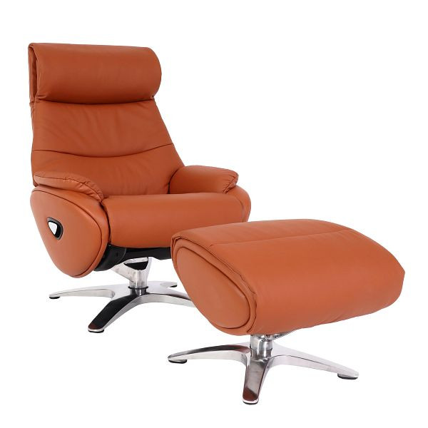Fauteuil relax Mendler avec tabouret HWC-K98, fauteuil de chaise TV, fonction d'inclinaison rotative, métal cuir véritable/similicuir, marron, 98338