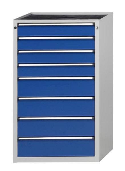 Armoire à tiroirs ANKE; 765x700x1320 mm; RAL 7035/5010; Plateau en hêtre massif 40 mm; 8 tiroirs 120, 120, 120, 120, 180, 180, 180, 180 mm, 610.115