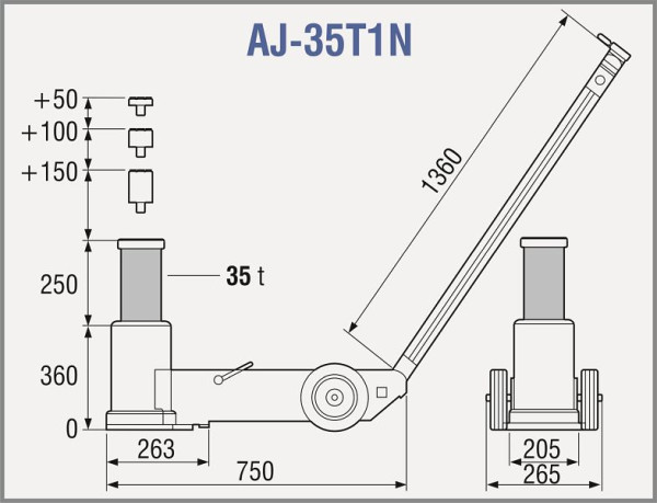 Cric hydraulique pneumatique TDL 1 étage, capacité : 35t, AJ-35T1N