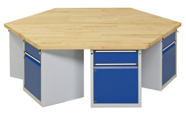Établi de groupe hexagonal ANKE; 6 lieux de travail; 2340x2700 mm; RAL 7035/5010; Plateau en hêtre massif 50 mm; Longueur de bord 1350 mm, modèle 601 VG