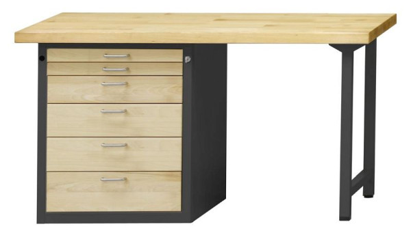 Établi combiné ANKE; 1500x700 mm; RAL 7016 / hêtre ciré naturel; Hêtre plaque solide; Armoire inférieure gauche (V-BL) 660x615 mm, 6 tiroirs, modèle 812 VH