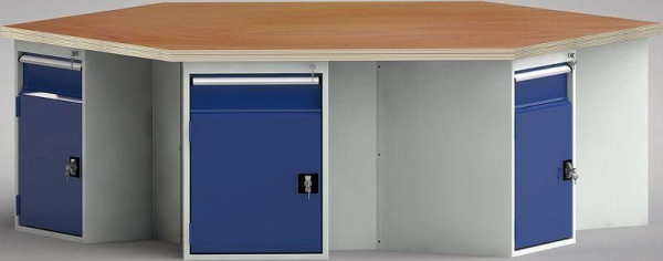 Etabli standard KLW de forme hexagonale avec plateau multiplex en hêtre de forme hexagonale 2338 x 2700 x 40 mm L x l x P, WS620N-1350M40-E8012