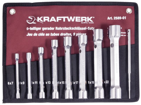 Kraftwerk Jeu de clés à douilles droites doubles/tubulaires, version légère + goupille, 9 pièces, 2589-01