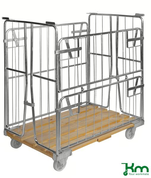 Conteneur mobile Kongamek avec plancher en bois, 2 roulettes pivotantes et 2 roulettes fixes avec frein, maillage 110 x 530 mm, KM89B
