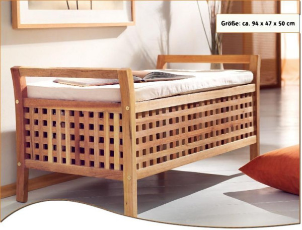 Banc Metra, en bois de noyer, avec coussins et espace de rangement, 10023