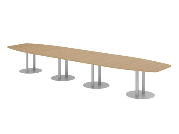 Table de conférence Hammerbacher KT52S, 520 x 130 cm, plateau : chêne, épaisseur 25 mm, avec quatre pieds colonnes argentés, 7,6/70 cm, hauteur de travail 74 cm, VKT52S/E/S