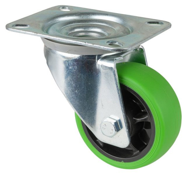 Rouleaux BS, rouleau de transport, rouleau pivotant, roue en caoutchouc thermoplastique, pneu vert, roulement à rouleaux, plaque, diamètre : 80 mm, lot de 4, L400.B44.081.04