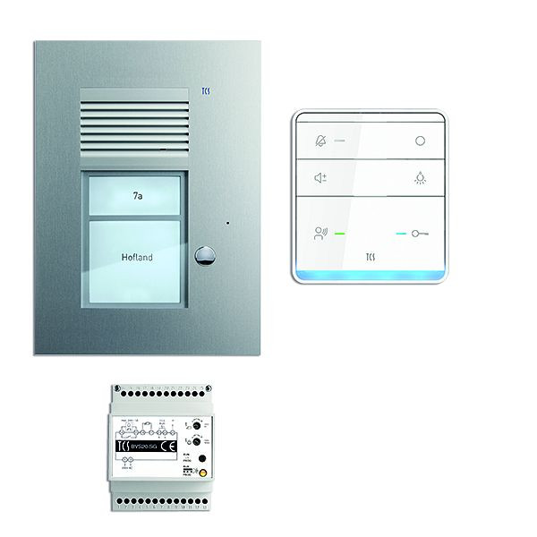 Système de commande de porte audio TCS : pack AP pour 1 unité résidentielle, avec poste extérieur PUK 1 bouton de sonnerie, 1x haut-parleur mains libres ISW5010, unité de contrôle BVS20, PSU2310-0000
