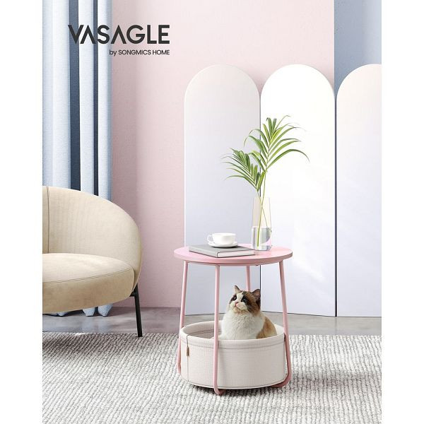 VASAGLE Table d'appoint ronde avec panier en tissu rose pastel et blanc nuage, LET223R61