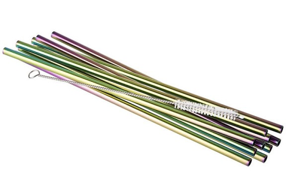 Pailles APS, lot de 11, Ø 6 mm, longueur : 21,5 cm, acier inoxydable 18/8, aspect arc-en-ciel, contenu : 10 pailles, 1 brosse de nettoyage, 93382