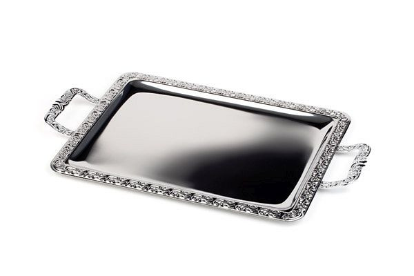 Plateau APS -SCHÖNER ESSEN-, 52 x 31 cm, acier inoxydable 18/0, avec bord décoratif, poignées en zinc moulé sous pression chromé, poignées solidement rivetées, 00082