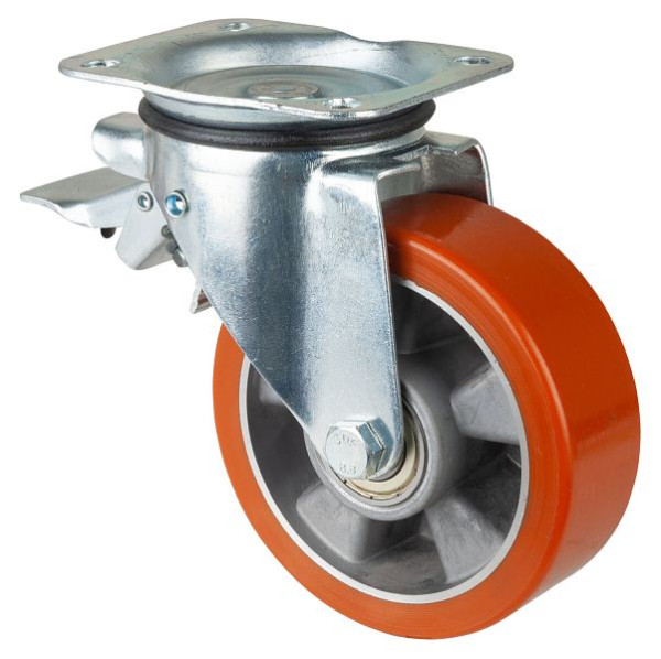 Rouleau de transport BS rollers avec frein, largeur 50 mm, Ø150 mm, jusqu'à 450 kg, bande de roulement en polyuréthane coulé, corps en aluminium, roulements à billes, L420.B90.152
