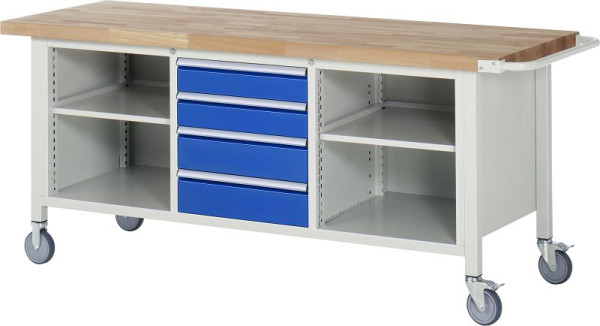 Etabli mobile RAU modèle 8566, L2000xP700xH880-1080mm, gauche : étagère, milieu : 2x120, 2x150mm, droite : étagère, 05-8566A2-207B4H.11