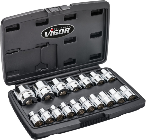 Jeu de clés à douille double six pans VIGOR, carré creux 12,5 mm (1/2 pouce), profil extérieur double six pans, nombre d'outils : 17, V7512/17