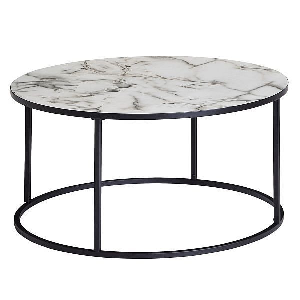 Table basse Wohnling ronde 80 x 40 x 80 cm aspect marbre blanc, avec structure en métal noir, WL6.234