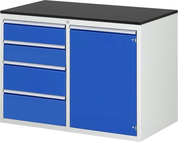 Armoire à tiroirs RAU 7000, L1145xP650xH820mm, gauche : tiroirs 2x150 2x210mm, droite : porte battante, plan de travail mélaminé, 03-LL5.20.12AM.11