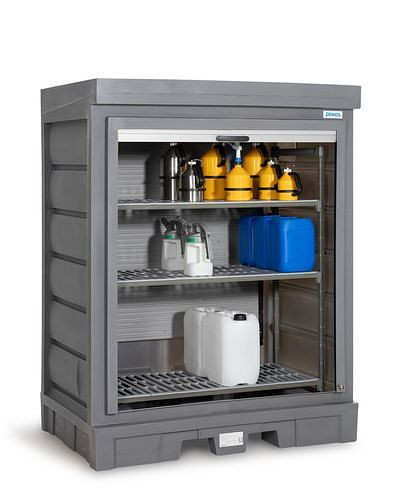 Dépôt de substances dangereuses DENIOS PolySafe D, avec volet roulant et étagère en plastique pour petits conteneurs, 271-837