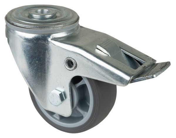 Roulettes BS roulette de transport roulette pivotante avec frein, roue en caoutchouc thermoplastique gris, roulement à billes, trou arrière, diamètre : 80 mm, lot de 4, L121.A85.082