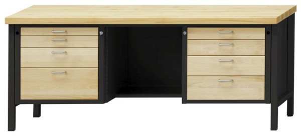 Établi d'armoire ANKE; 2000x700mm; Hêtre plaque solide; A gauche 4 tiroirs 60, 90, 150, 240 mm; En retrait au milieu du sol; Droite 4 tiroirs