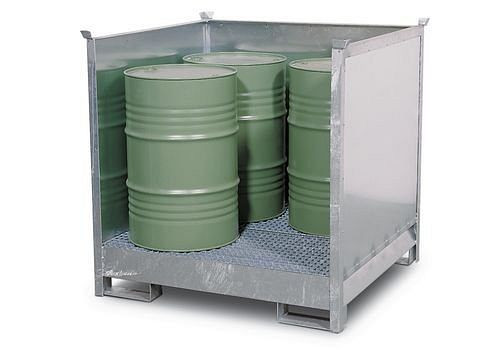 Station de matières dangereuses DENIOS 4 P2-O en acier, galvanisé, pour 4 fûts de 200 litres chacun, 3 parois, empilable, 114-486