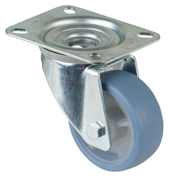Roulette de transport pivotante BS Rollers, roue en caoutchouc thermoplastique, pneu bleu clair, roulement à rouleaux, plaque, diamètre : 80 mm, lot de 4, L400.B44.081.05