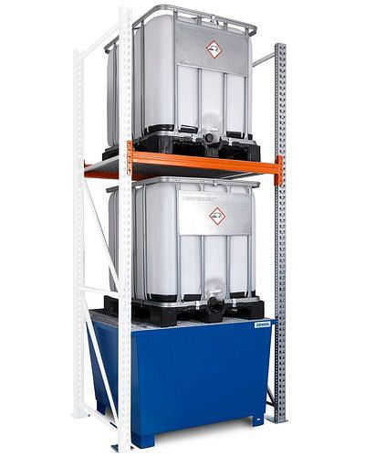 Rayonnage à palettes pour matières dangereuses DENIOS, zone supplémentaire, 2 niveaux de stockage, bac collecteur peint, 1500 x 1300 x 3300 mm, 305415