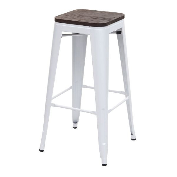 Tabouret de bar Mendler HWC-A73 avec siège en bois, tabouret de bar, design industriel en métal, empilable, blanc, 74923