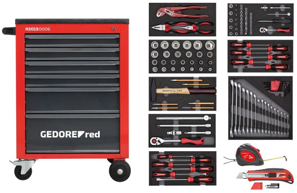 Coffret à outils rouge GEDORE dans le chariot d'atelier rouge MECHANIC, 119 pièces, 3301667