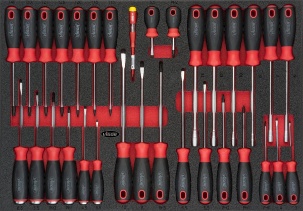 Jeu de tournevis VIGOR, 0,5 x 3 - 1,6 x 10, 6 - 13, PH0 - PH3, T10 - T40, nombre d'outils : 32, V4230