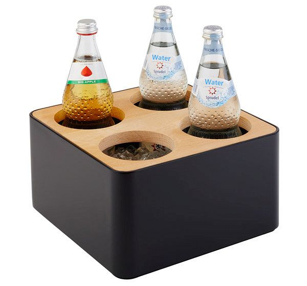 Range-couverts APS, 27 x 27 cm, hauteur : 15 cm, SAN, noir, bois, 4 trous Ø 10 cm, dont 4 carquois, 93321