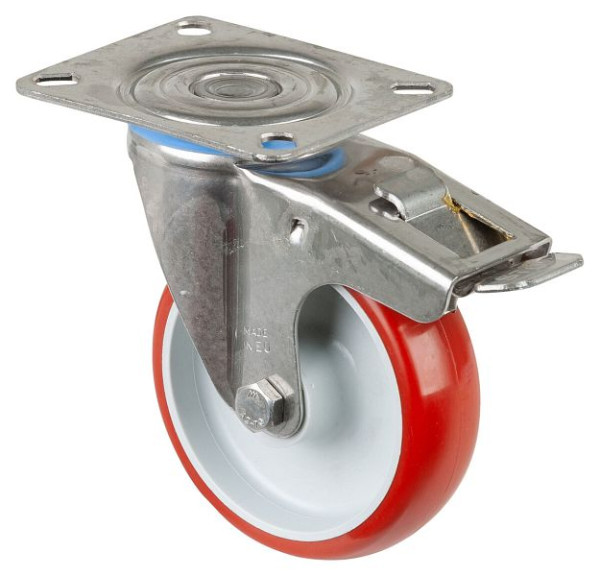 Rouleau de transport en acier inoxydable avec frein BS rollers, L30 mm, Ø100 mm, jusqu'à 130 kg, polyuréthane rouge, corps en plastique, palier lisse, plateau, H120.B26.100