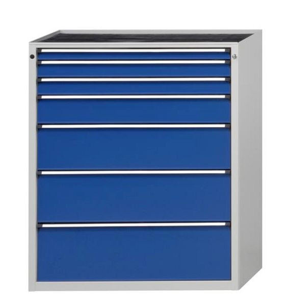 Armoire à outils ANKE; 1060 x 675 x 1280 mm; RAL 7035/5010; Baignoire avec tapis antidérapant; 7 tiroirs 60, 90, 90, 150, 240, 270, 300 mm, 610.508
