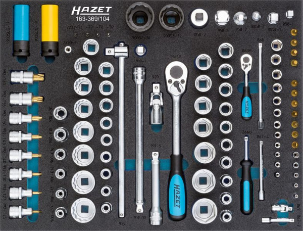 Jeu de clés à douilles HAZET, carré creux 6,3 mm (1/4 pouce), carré creux 12,5 mm (1/2 pouce), nombre d'outils : 104, 163-369/104