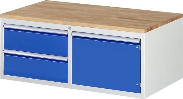 Armoire à tiroirs RAU série 7000, L1145xP650xH465mm, gauche : tiroirs : 2xH180mm, droite : porte battante H360mm, plan de travail en hêtre massif, 03-LL2.0.12AB.11