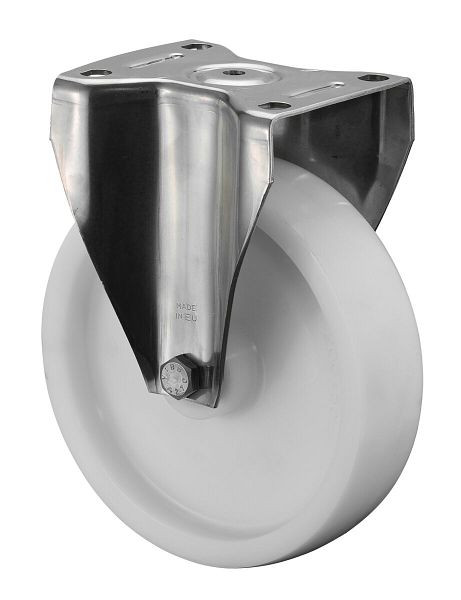 BS Rolls Roulette robuste en acier inoxydable, roulette fixe, largeur 50 mm, Ø200 mm, jusqu'à 700 kg, bande de roulement/corps de roue en plastique, roulement à rouleaux en acier inoxydable, HS110.B14.200