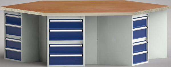 Etabli standard KLW de forme hexagonale avec planche de parquet en hêtre massif de forme hexagonale 2338 x 2700 x 40 mm L x l x P, WS620N-1350M40-E9002