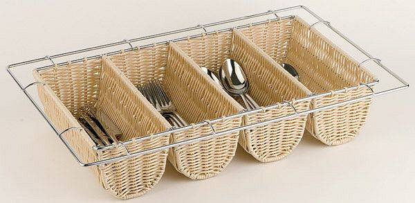 Récipient à couverts APS GN 1/1, buffet 53 x 32,5 x 10 cm, corbeille en polyrotin avec cadre en fil chromé, construction robuste, 11965