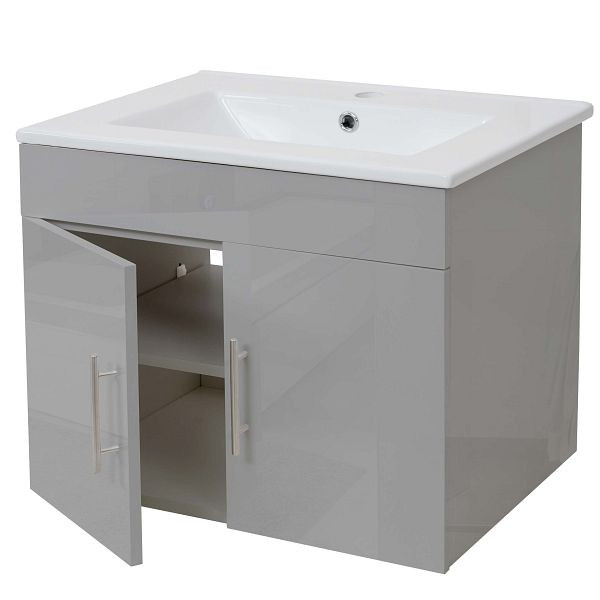 Lavabo Mendler + meuble sous lavabo HWC-D16, lavabo lavabo, brillant 60cm, gris, 62261+62235