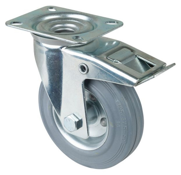 Rouleau de transport BS rollers avec frein, largeur 37 mm, Ø125 mm, jusqu'à 100 kg, bande de roulement en caoutchouc gris, roulement à rouleaux, plaque, lot de 2, L420.B56.125