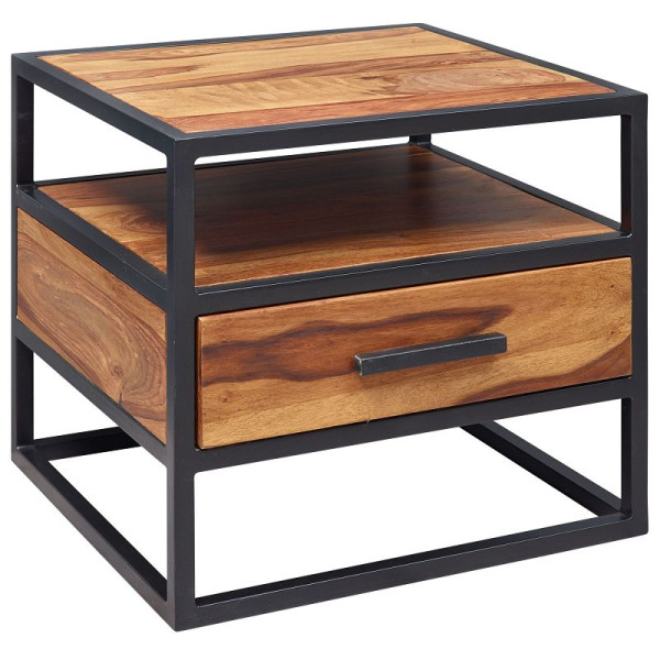 Console de nuit Wohnling 50 x 45 x 45 cm bois de sheesham métal noir, WL5.624
