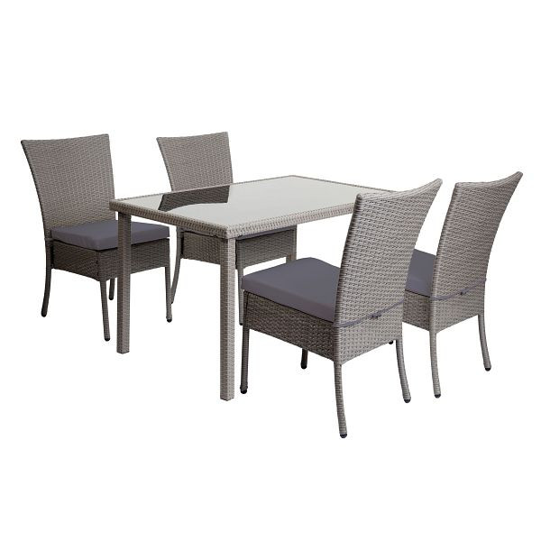 Ensemble en polyrotin Mendler HWC-G19, ensemble de balcon/salon de groupe de sièges, 4xchaise+table, 120x75cm, gris, coussins gris foncé, 2x97138+97137