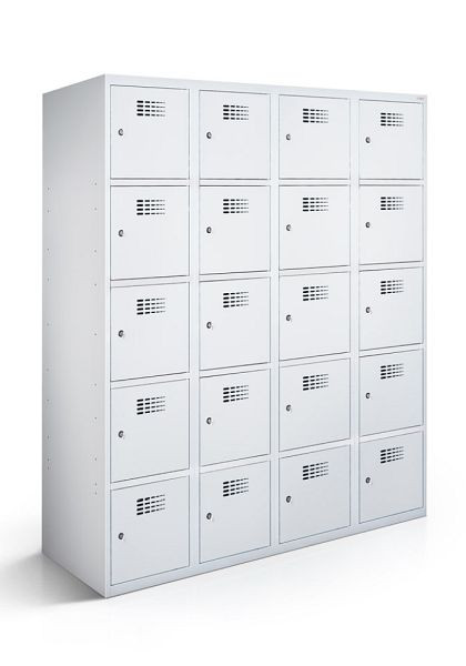 Armoire vestiaire KEMMLIT avec 4 compartiments et 20 portes 30cm avec fond fermé, gris clair 7035, loquet tournant, 100746