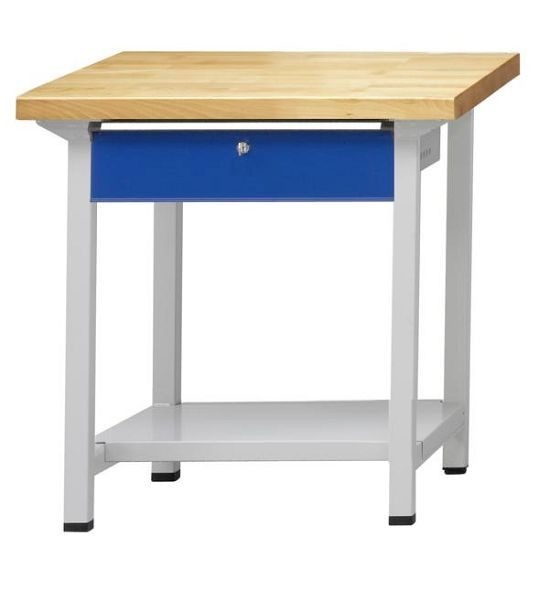 Table de travail ANKE; 800x700 mm; RAL 7035/5010; 1x tiroir suspendu (BL); 1x étagère de rangement en tôle d'acier de 500 mm de profondeur