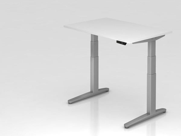 Bureau assis-debout électrique Hammerbacher 120x80cm blanc/argent, forme rectangulaire, VXBHM12/W/SS