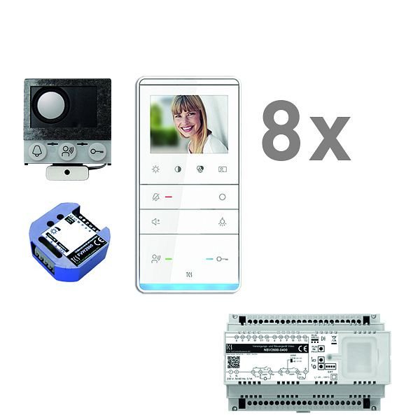 Boîte vocale encastrable vidéo TCS, 8 unités résidentielles, haut-parleur encastrable ASI12000 + 8x haut-parleur mains libres IVW5111, appareil de commande + transmetteur vidéo bifilaire, PVIF080/001