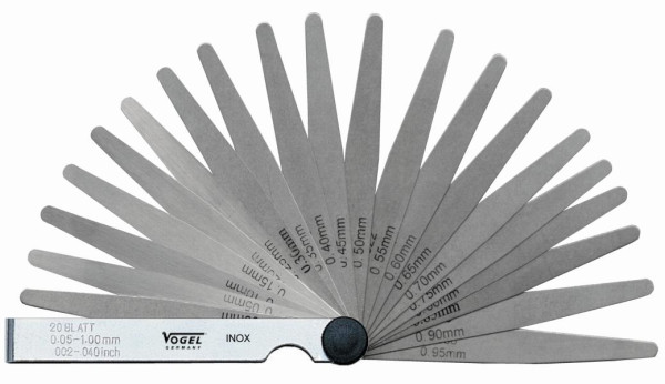 Jeu de jauges d'épaisseur Vogel Germany, inoxydable, 0,05 - 1,00 mm / .002 - .040 pouce, 20 feuilles, 413107