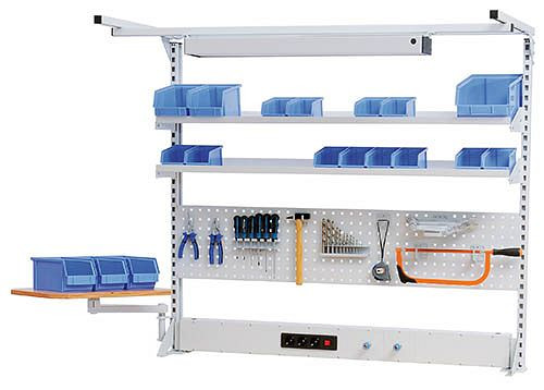 Ligne de travail à structure multi-parois Bedrunka+Hirth avec cadre supérieur, 1x canal d'énergie, 1x paroi perforée, 2x étagère, 1500 x 750 x 1250 mm, 03.9001524WL