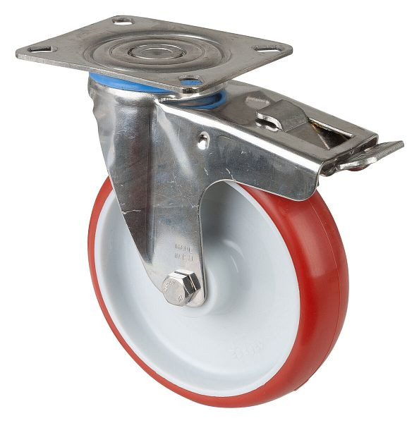 Rouleau de transport en acier inoxydable avec frein, W32 mm, Ø125 mm, jusqu'à 130 kg, polyuréthane rouge, corps en plastique, palier lisse, plateau, H120.B26.125